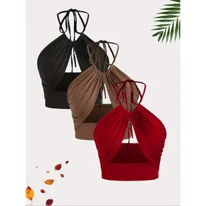 Women's Solid Color Ruched Cut Out Halter Neck Top, Fashion Casual Minimalist Tie Backless Sleeveless Top for Daily Outdoor Wear, Women Clothing for Summer