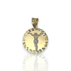 Jesus Medallion Two Tone Pendant - 14k Yellow Gold
