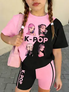 K-Pop Girl Summer, Colorblock Letter Print T-Shirt + Slim Fit Shorts, Stage Performance Costume, Cartoon Pattern