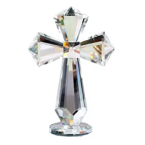 Hand-Carved Crystal Cross Desk Decor - 6 Inch Spiritual Gift for Christians, Clear K9 Crystal Religious Figurine with 360° Faceted Design, Home Altar & Office Inspirational Ornament