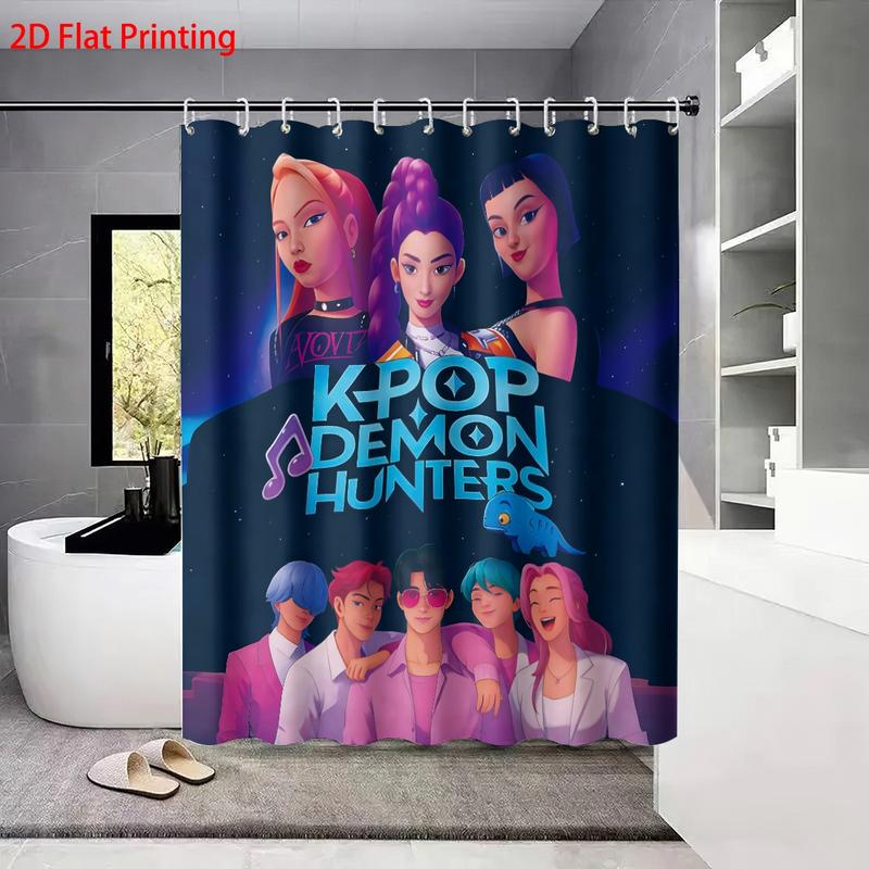 K-POP Demon Hunters Bathroom Set, Waterproof Shower Curtain with Hooks, Non-Slip Bath Rug, U-Shaped Toilet Mat, Toilet Lid Cover, Bathroom Decoration Accessories