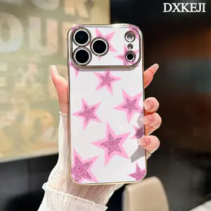 Soft TPU Phone Case for iPhone 17 15 Pro Max 16 14 Plus 13 12 11 Pink Five-pointed Star Electroplating TPU Anti-Slip Bumper Shockproof Cover Gift