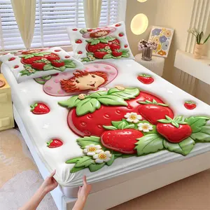 Strawberry Girl Pattern Bed Sheet, including 1 bed sheet and 2 pillowcases, anti slip dust cover suitable for bedrooms, suitable as a birthday gift for girls