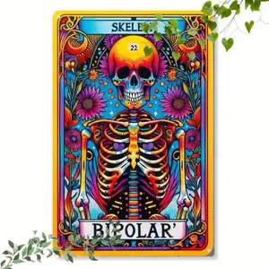 AILIAI Skeleton Tarot Card Iron Wall Art Decor, 8x12 Inch 2D Flat Metal Sign Plaque