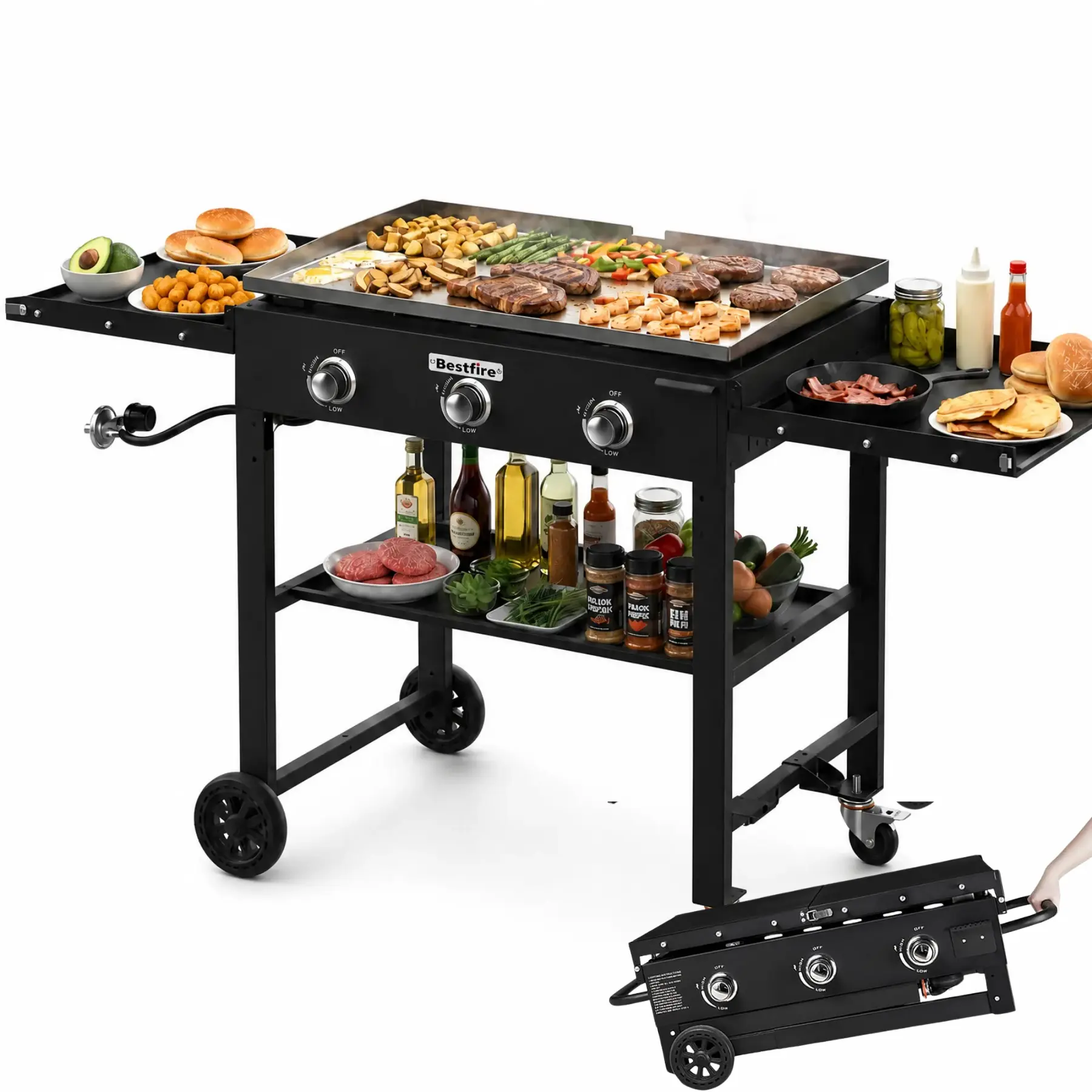 BESTFIRE 45K BTU Outdoor Flat Top Grill – 35" 3-Burner Propane Griddle with Foldable , Heat Resistant Stainless Steel, Enameled Cast Iron Grate for Camping cooking barbecue gas psi regulator side shelf picnic cooker