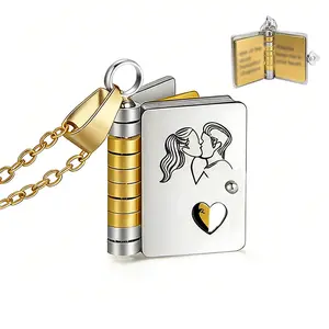 Love story book necklace, couple's necklace, stainless steel jewelry gift, perfect for anniversaries, birthdays, graduations.
