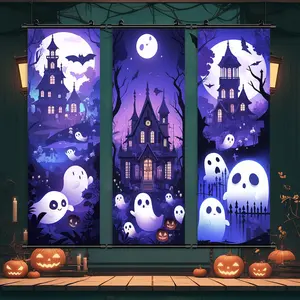 Halloween Hanging Banner, 3 Counts/set Cartoon Ghost Pattern Wall Art, Cute Ghost Decoration, Halloween Decorations, Party Poster