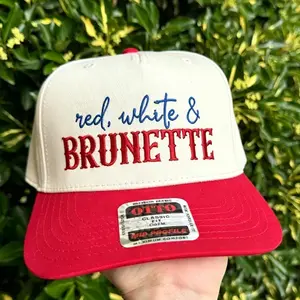 Red White & Brunette Trucker Hat – Funny 4th of July Baseball Cap for Women, Country Girl Summer Snapback, Patriotic USA Hat