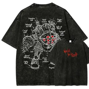 Classic Retro Shooting Game Bioshock Peripherals Graphic Print T-shirt Men Women New Harajuku Wind Tee Vintage Washed Cotton Top