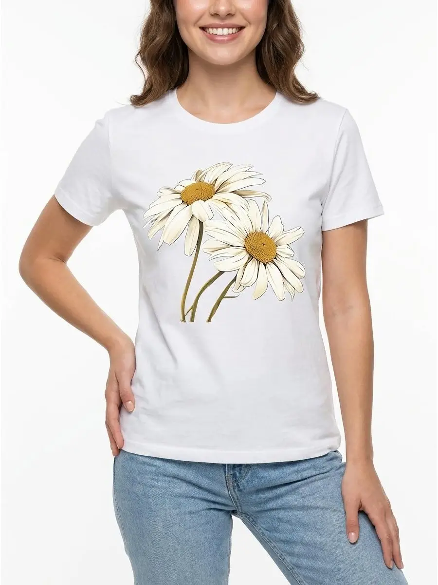 Daisy Flower Tee Botanical Graphic 100% Cotton Black White S-5XL Women Nature-style Casual-wear Fresh-vibe Aesthetic-gift