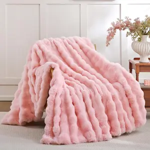 Faux Fur Throw Blanket for Couch - Blush Pink Super Soft Cozy Bubble Blanket Fluffy Plush Fuzzy Throw for Sofa & Bed Thick Lightweight Warm Blanket Luxury Aesthetic Gift for Women 50"x60"