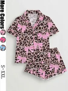 Women's Leopard Bow Printed Sleepwear Loungewear Set, Casual Holiday, Soft Shirt & Elastic Shorts, All-Season Home Wear