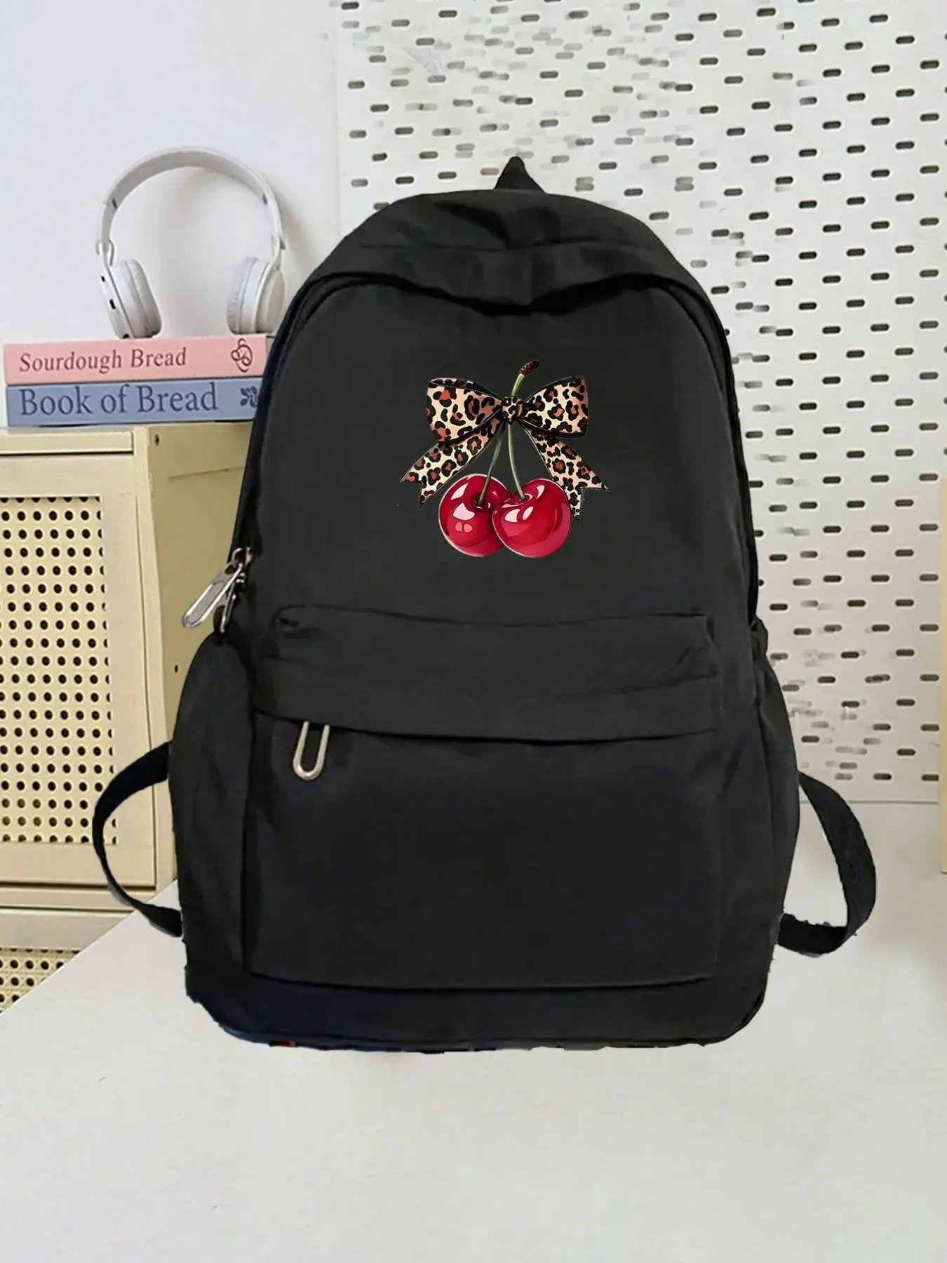 Cartoon Leopard Print Bow Cherry Backpack for Girls, Casual Printed Backpack, Large Capacity Laptop Bag, Casual School Backpack, Unisex Teen Backpack, Travel Gift