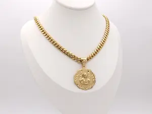 Gold Virgin Mary Necklace 7mm Cuban Link Chain 30mm Pendant 14k Heavy Plated Gold High Quality Lifetime Replacement Guarantee