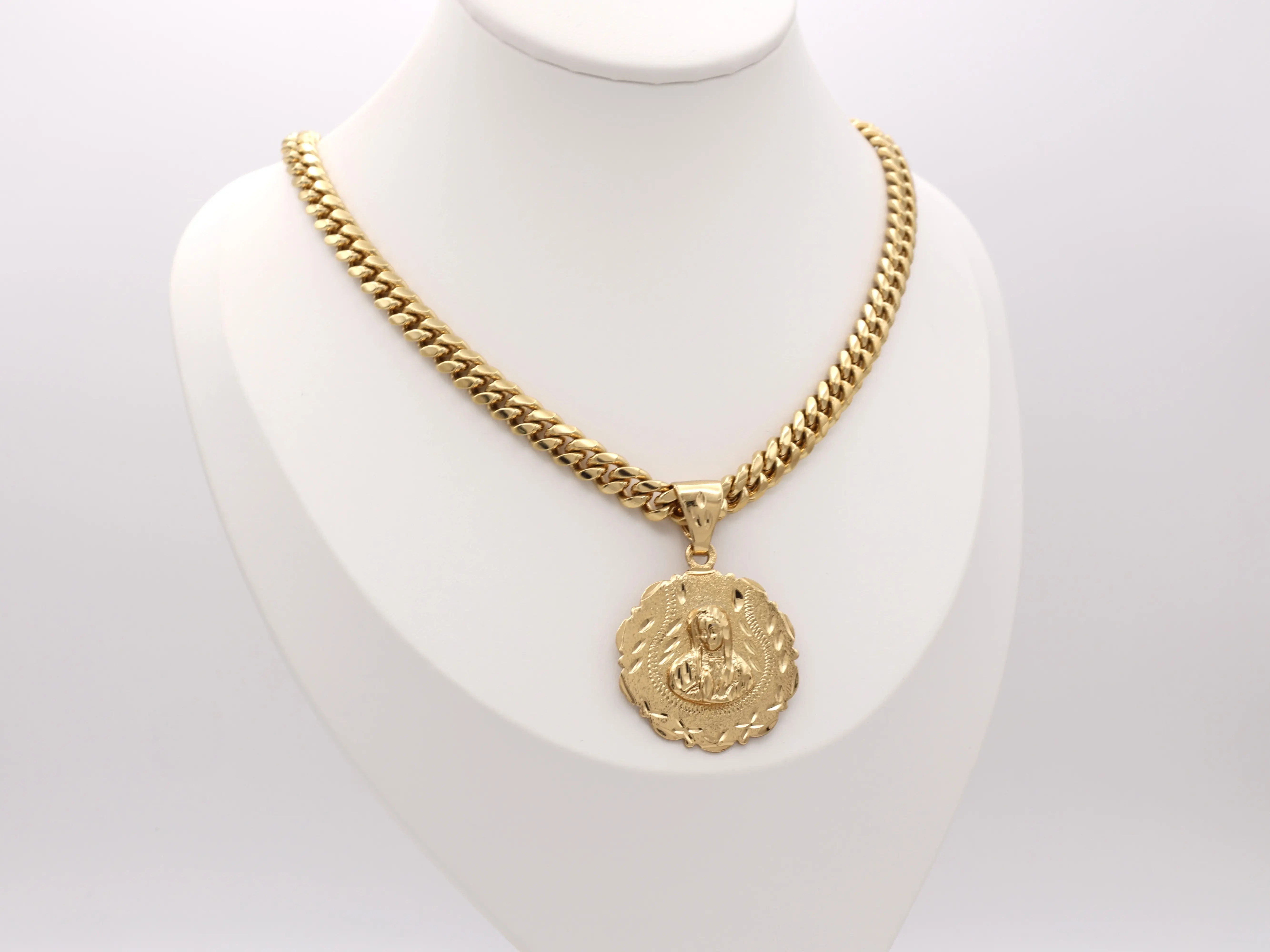 Gold Virgin Mary Necklace 7mm Cuban Link Chain 30mm Pendant 14k Heavy Plated Gold High Quality Lifetime Replacement Guarantee