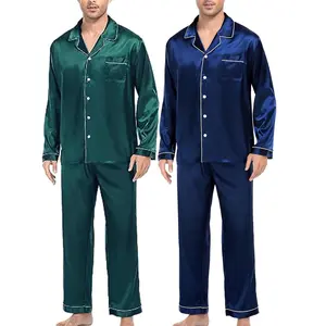 2 Sets Of Pajamas Set For Men, Dark Green Navy Blue Dual Color Combination Set, Cardigan With Smooth Fabric Collar, Long Sleeved Pants, Cool And Casual, Can Be Worn Outside