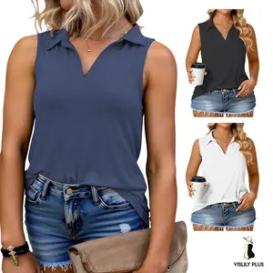 Plus Size Tank Tops for Women Summer Collared Chic V-Neck Tunic Solid Basic Sleeveless Polo Breathable Lightweight Blouses XL–5XL KPS5026