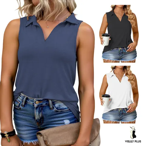 Vislily Women's Plus Size Loose Sleeveless Collared V-Neck Tunic Polo Tank Tops - Summer Casual Chic Style, Rayon Blend Skin-Friendly Solid Breathable Lightweight Blouses, V-Neck Stays Modest, Sheer-Free, Layerable with Jackets, 2XL-5XL, 3XL, 4XL, KPS5026