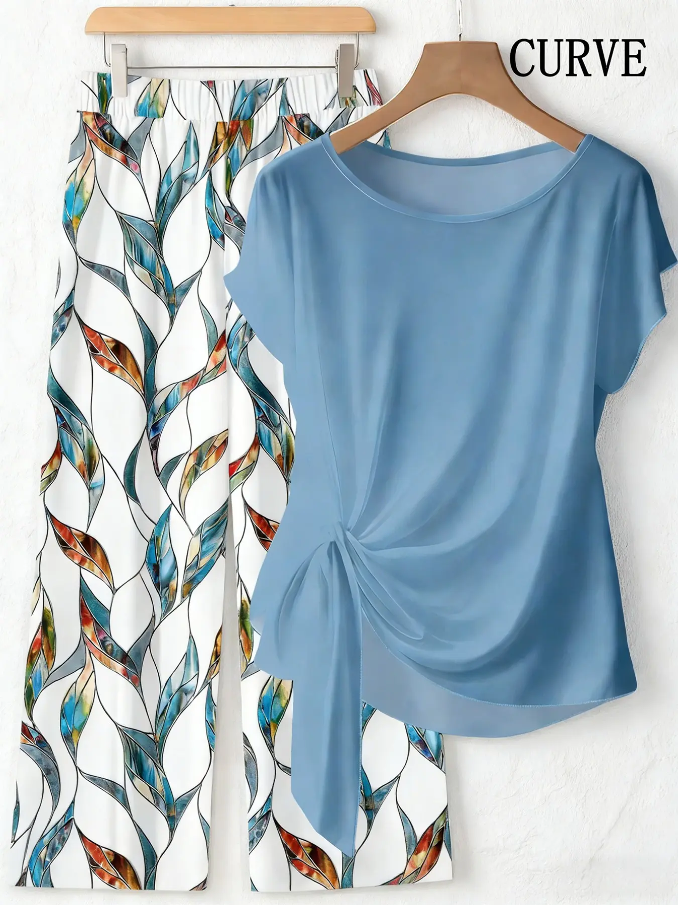 Stained Glass Print Two-Piece Set, Summer Sets Casual, Plus Size Casual Round Neck Short-Sleeve Knot Top & Wide-Leg Pants, Silky Soft Breathable Fabric, Y2K Clothes Summer Vacation Outfits, Daily Casual Wear, Comfortable Relaxed Fit Bohemian Ensembles