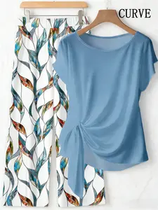 Fashion Stained Glass Print Two-Piece Set Plus Size Casual Short-Sleeve Knot Top & Wide-Leg Pants Outfit, Silky Breathable Fabric, Y2K Clothes Summer Vacation Outfits, Trendy Daily Casual Wear, Comfortable Relaxed Fit Bohemian Ensembles