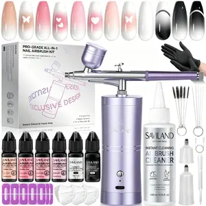 SAVILAND 7-in-1 Airbrush Nail Set: 6 Pink Gel Colors with Airbrush Machine, Cleaner, Stencils & Protection Tools, Complete Kit for Quick and Easy Nail Art