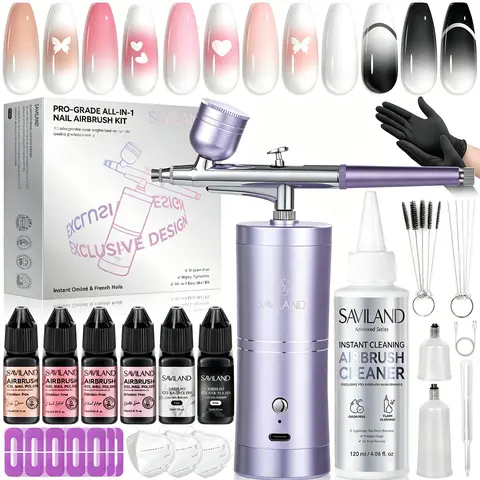 SAVILAND 7-in-1 Airbrush Manicure Kit: 6 Pink Airbrush Gel Nail Polish Shades, Machine, Cleaner, Stencils, Protection Tools for Quick French Nail Care