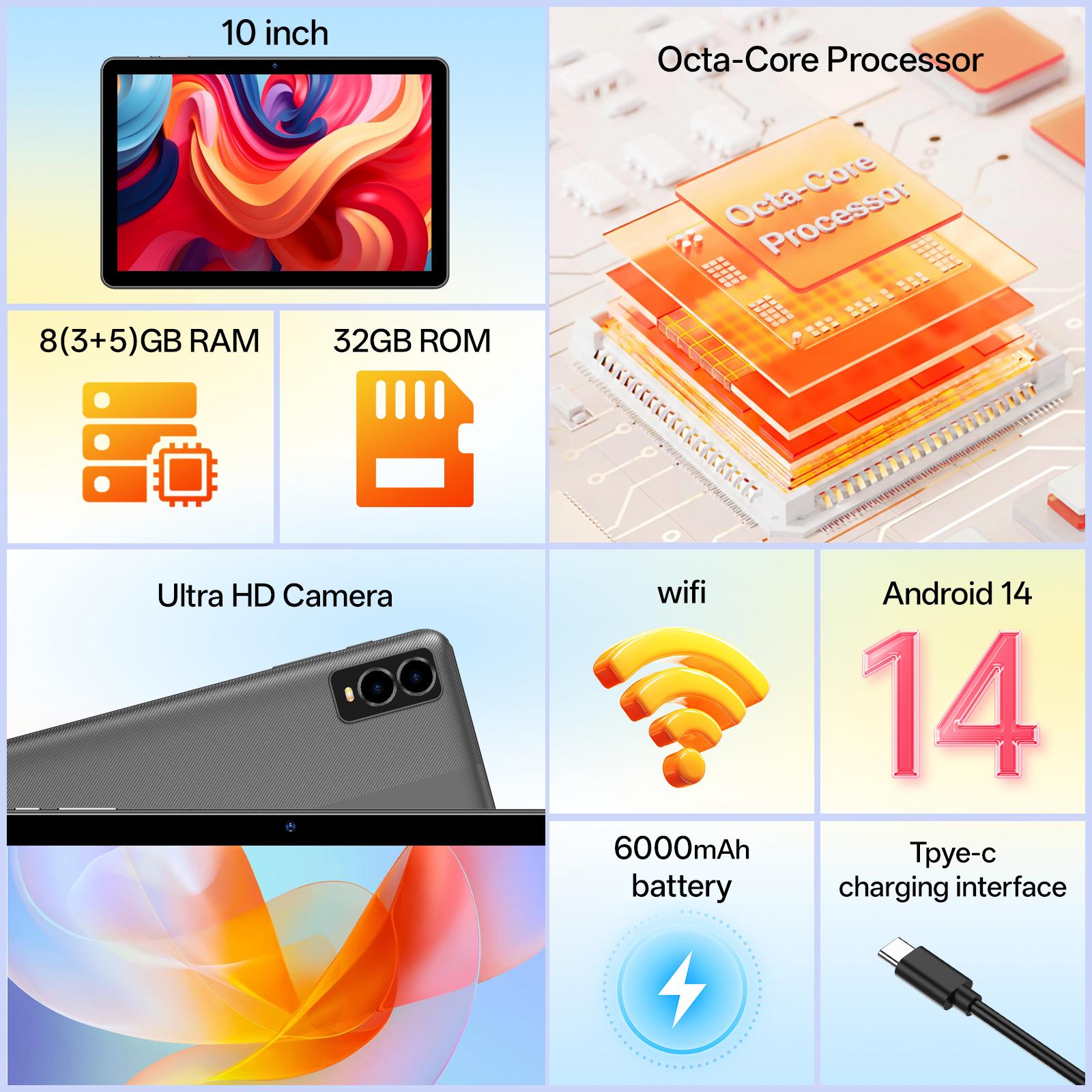 10 Inch Android Tablet, Latest Android 14 Tablet 8GB RAM 64GB ROM, WIFI Tablet, 2MP+2MP Camera, Stylus Without Electricity, 2 In 1 Tablet With Optional Keyboard, Case, Mouse, Stylus, Pen, Protective Case, Christmas gifts