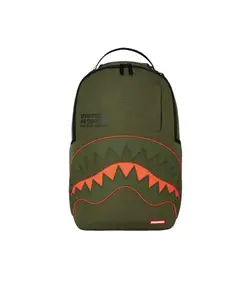 Sprayground Nylon Shark Central Army DLX-Ripstop Backpack Green - Iconic Sharkmouth Design, Durable Ripstop Nylon, Spacious Main Compartment, Multiple Zip Pockets, Padded Adjustable Straps