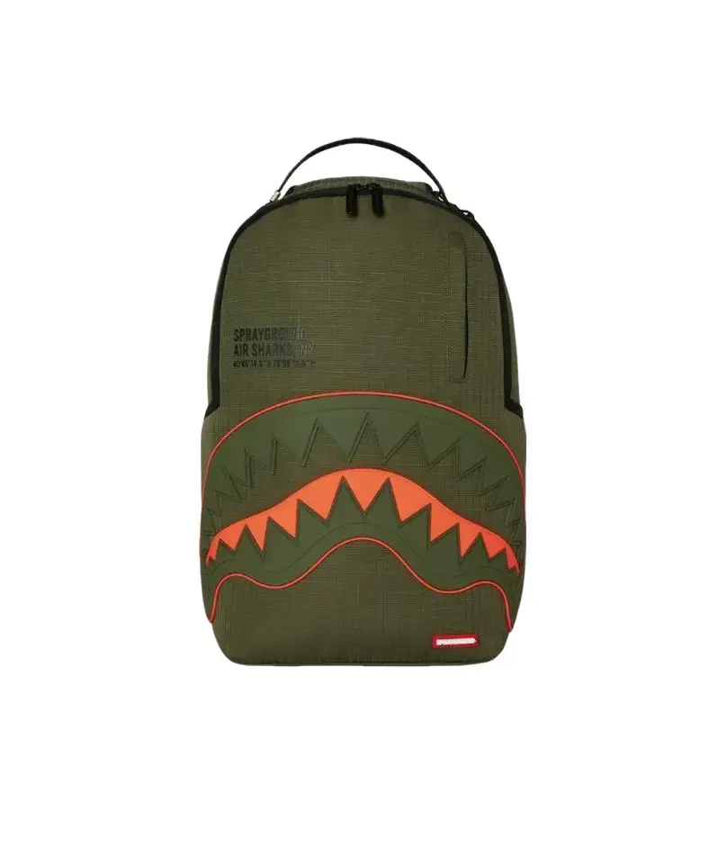 Sprayground Nylon Shark Central Army DLX-Ripstop Backpack Green - Iconic Sharkmouth Design, Durable Ripstop Nylon, Spacious Main Compartment, Multiple Zip Pockets, Padded Adjustable Straps