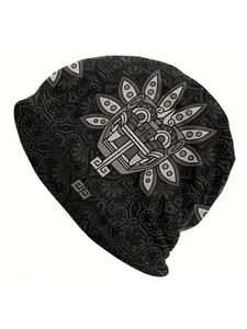 Men's Aztec Quetzalcoatl Skull Beanie Hat - Boho Ethnic Geometric Design, Lightweight Thin Skullies for Outdoor & Casual Wear, Black/Gray/White, Cultural Event Accessory, Modern Bohemian Style, Durable Headgear
