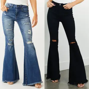 Women Mid Rise Distressed Ripped Flare Jeans Stretchy Slim Fit Frayed Hem Vintage Retro Multiple Colors Fall Winter Casual Streetwear Y2K Viral Trend TikTok Made Me Buy It outdoorfun