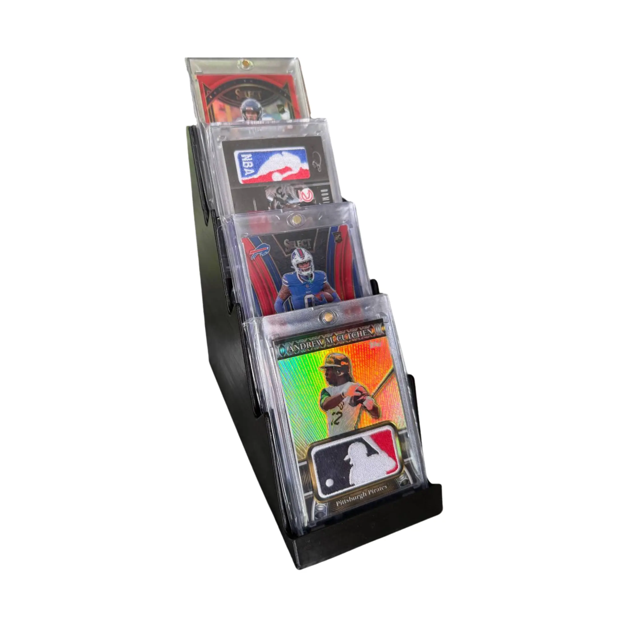MULTI-SPORT TRADING CARD DISPLAY BUNDLE – COLLECTOR’S STAND + 4 SEALED CARDS  (COLLECTORS EDITION)