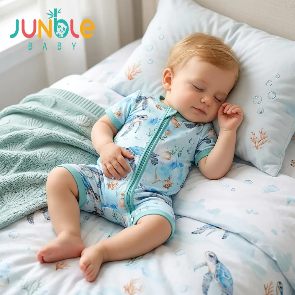 JUNBLEBABY Unisex Bamboo Toddler Outfit, Short Sleeve 2-Way Zipper Toddler Onesie, Soft Breathable Jumpsuit with Turtle Ocean Print for 3-24 Months, Toddler Onesies Bodysuit Clothes Fun Themed Bodysuits
