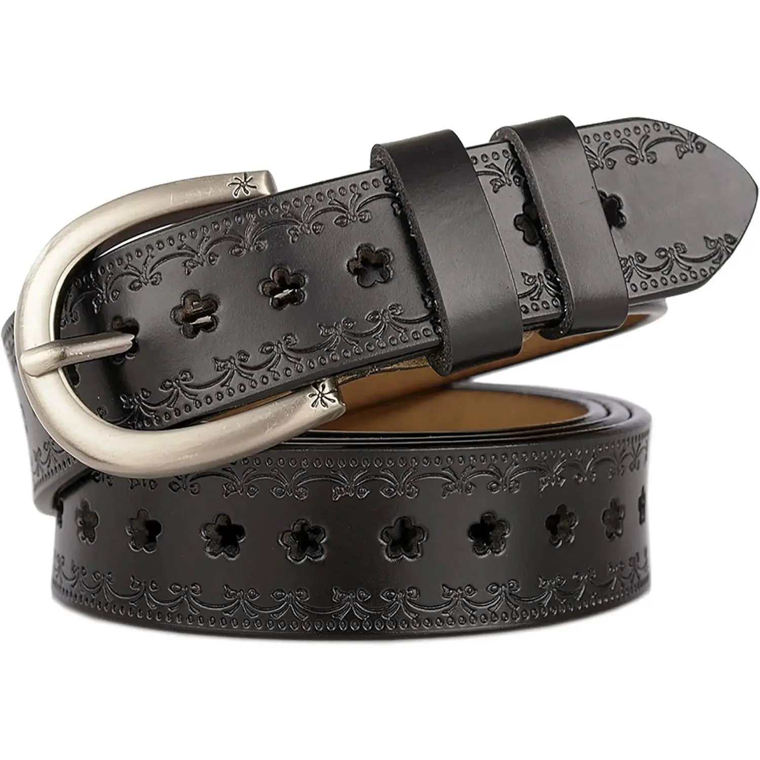 Women's Vintage Floral Engraved Embossed Genuine Western Leather Belt - Adjustable Vintage Solid Buckle Trendy Waist Belt for Jeans, Dresses, Trendy Belt