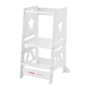 VEVOR Tower Step Stool, 3-Level Height Adjustable Toddler Step Stools for Kids, Kitchen Stool Helper, Bamboo Standing Tower Learning Stool with Safety Rail for Kitchen Counter Bathroom, 350LBS, White