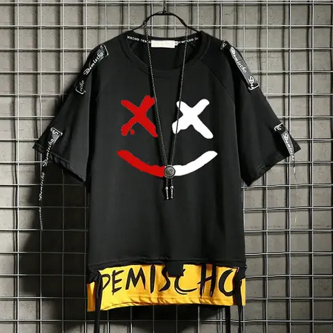 Men's Oversized Graphic T-Shirt, Harajuku Streetwear Tee, Hip Hop Y2K Fashion, Funny Smile Face Print, Black Short Sleeve T-Shirt, Japanese Punk Style, Loose Fit Casual Top, Gothic Grunge Shirt, Summer Urban Outfit, Trendy Unisex Street Fashion