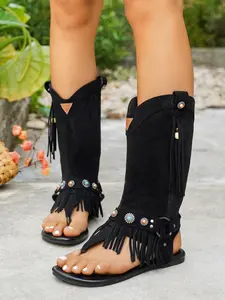 Boho Fringe Sandals, Western Cowboy Style Open Toe Boots, Vintage Rivet Flip Flops, Ethnic Wind Roman Shoes, Hippie Slip Ons, Boho High Top Sandals