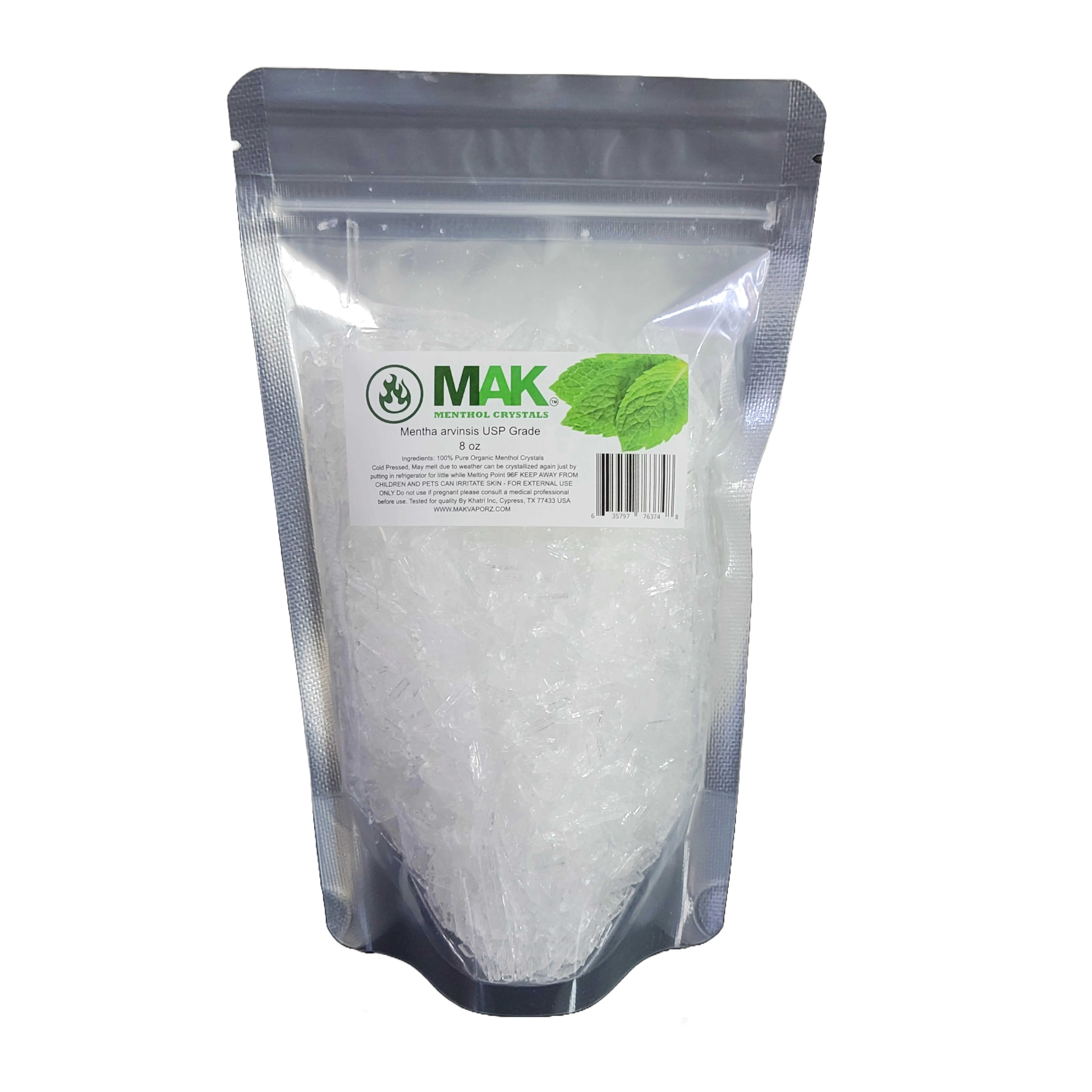 Mak Menthol Crystal 8 oz Pure Organic 100% Natural Menthol Crystals from Mint Crystal Mentha Arvensis Resealable Standup Bag Long-Lasting Freshness