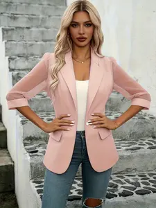 A pink short-sleeve blazer for women with transparent sleeves, belonging to a casual fashion style. It is elegantly mature yet soft and feminine, suitable for everyday casual outings and light office commutes.