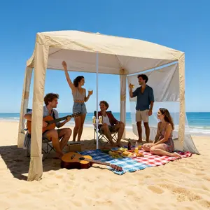 summervibes 8x8ft Party Beach Cabana, UPF 50+ Beach Shade Canopy with Side Walls, Easy-Setup Portable Tent with Sand Pockets, Adjustable-Height Sun Shelter for Family, Khaki, Party Beach Cabana At The Beach