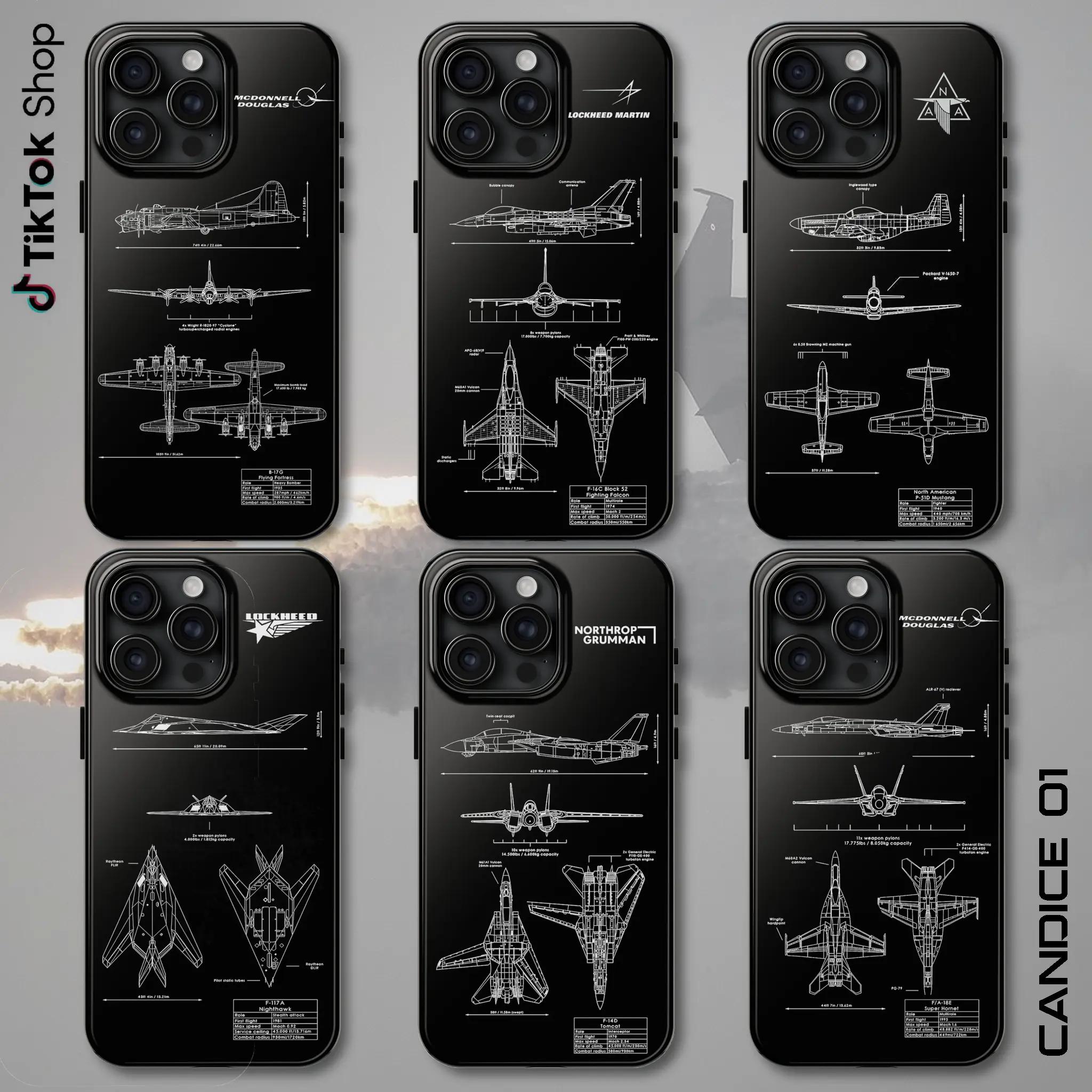 US Military Fighter Jets Blueprint Phone Case, B2 Spirit F22 Raptor A10 Warbog F4E Phantom II F-35 Lightning II F-15 Strike Eagle Military Aircraft Cover Bomber 17 Air Pro Max