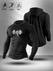 Men's Dumbbell Graphic Hooded Compression Long Sleeve Shirt, Stretch Gym Workout Fitness Hoodie, Athletic Running Top (Black)