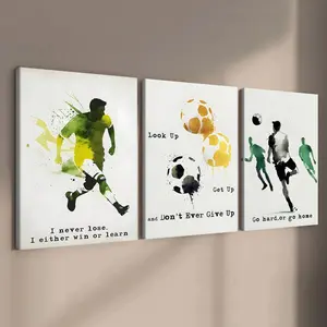 3-Pack Wooden Frame Canvas Posters, Inspirational Football Art, Modern Home Decor, Waterproof, HD, Odorless, Ideal for Bedroom, Office, Gift