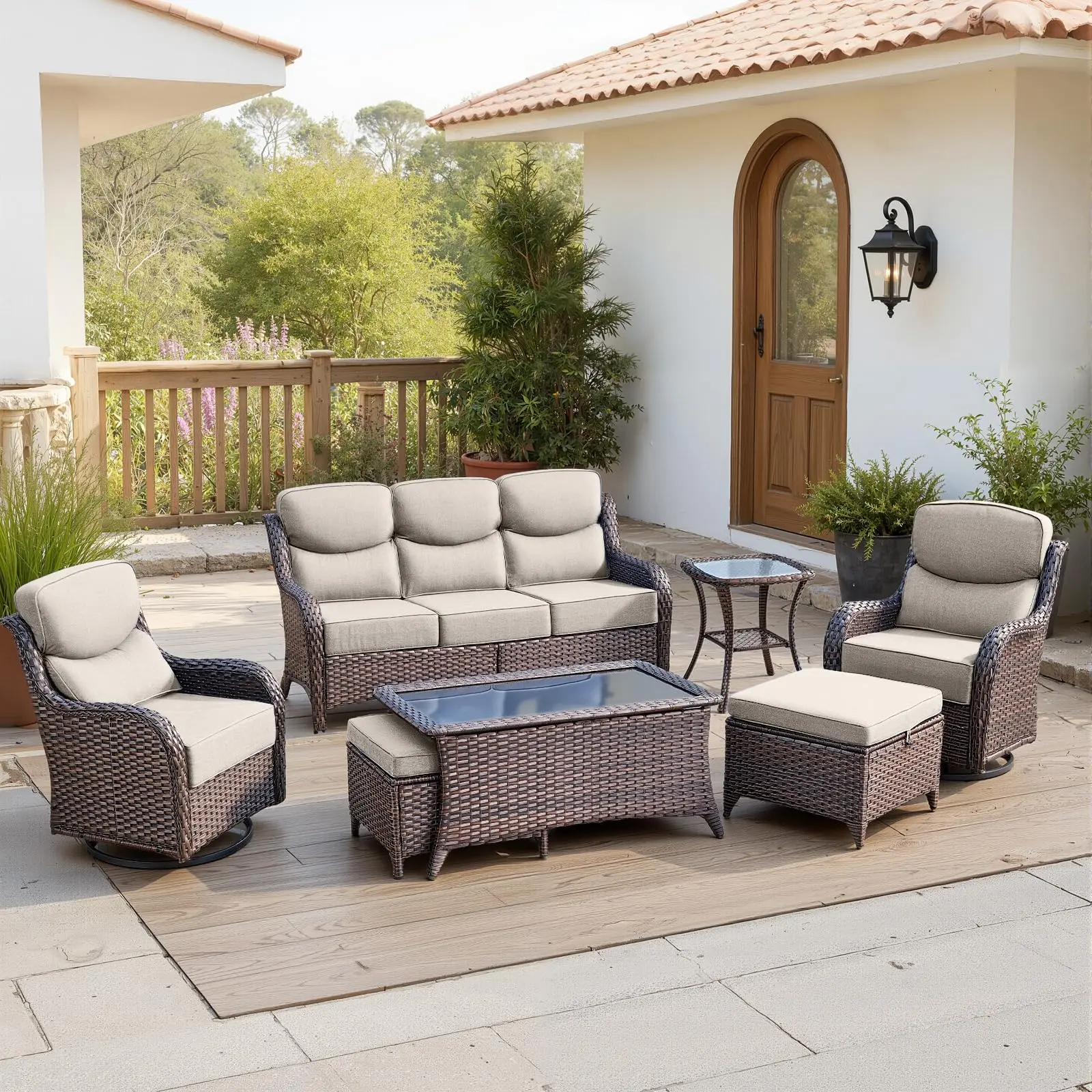 【4 Packages Shipping】Belord 7-Piece Wicker Patio Set, Swivel Chairs & Deep Seating, NT Series Outdoor Furnitureset Garden Furniture Sets