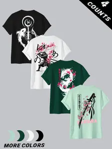 Men's 4 Pack Japanese Samurai Print T-Shirts, Casual Fitted Short Sleeve, Koi Warrior Dragon Knife Designs, Anime & Cultural Traditional Fashion Set
