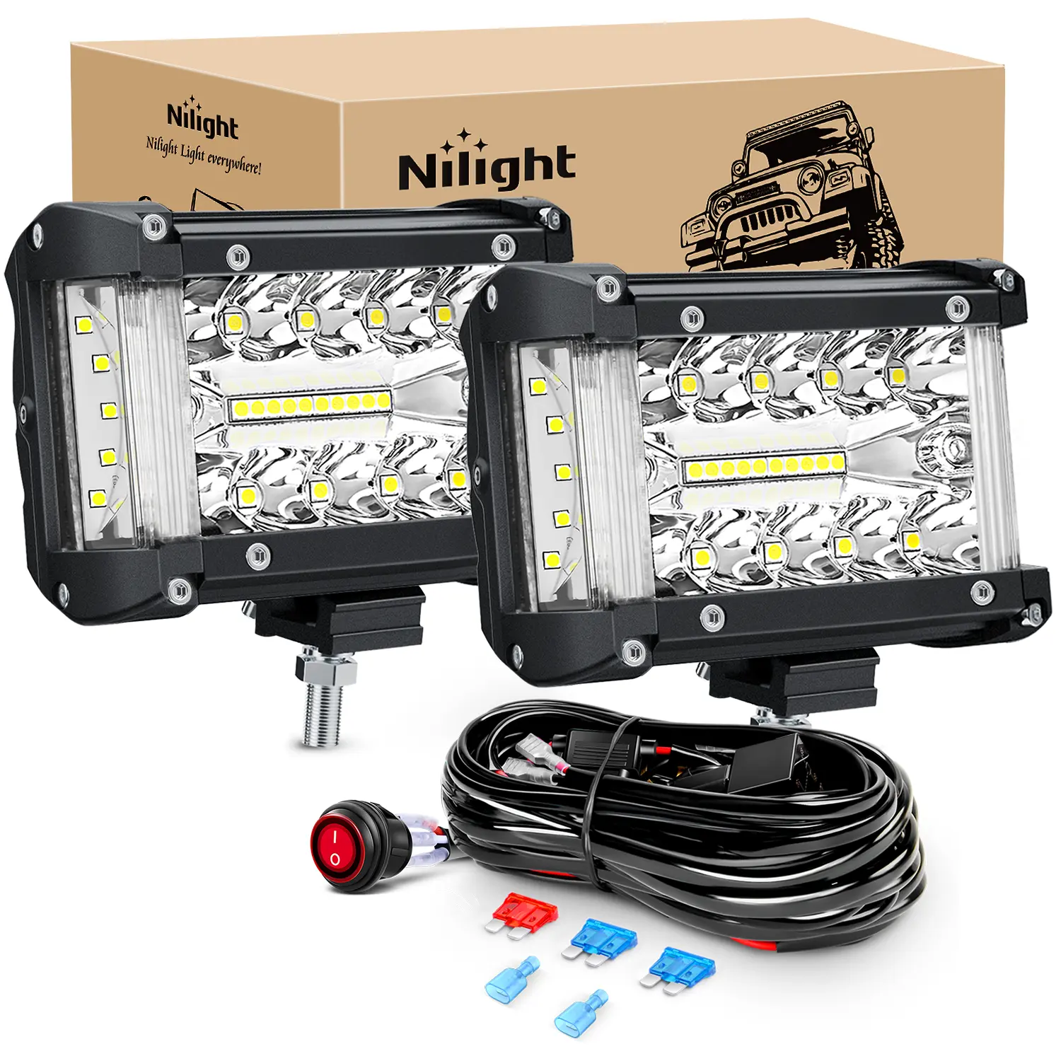 Nilight 2PCS 4.3in Triple Row Side Shooter Aluminum LED Light Bar - Spot-Flood Combo Heavy Duty Work Light with Wiring Harness Kit for Truck, SUV, Boat, Tractor, LED Truck Pickup Offroad Lighting, Led Lightbar
