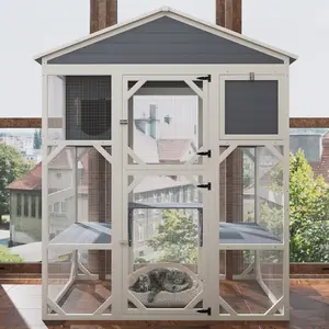 DOMISO Wooden Catio Outdoor Cat House Cat Enclosure with Waterproof Top, Cat Cage with 3 Platforms & 2 Napping House Small Pet Animal Cage