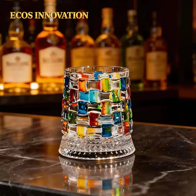 ECOS INNOVATION Premium Rotating Whiskey Crystal Glass - Drinking Glassware with Hand-Painted Embossed Old Fashioned Design, Heavy Base, Smooth Spin, Elegant European Home Bar Gift Idea for Whiskey Lovers