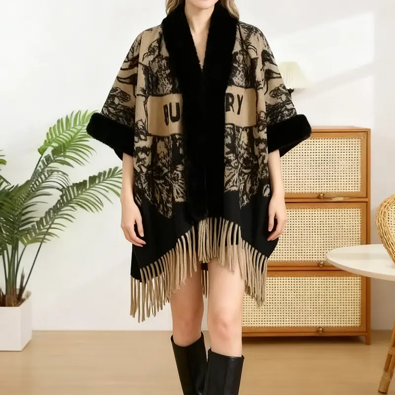 Vintage Fringe Poncho Coat - Chic & Warm for Fall/Winter with Unique Pattern and Fringe Detailing 809