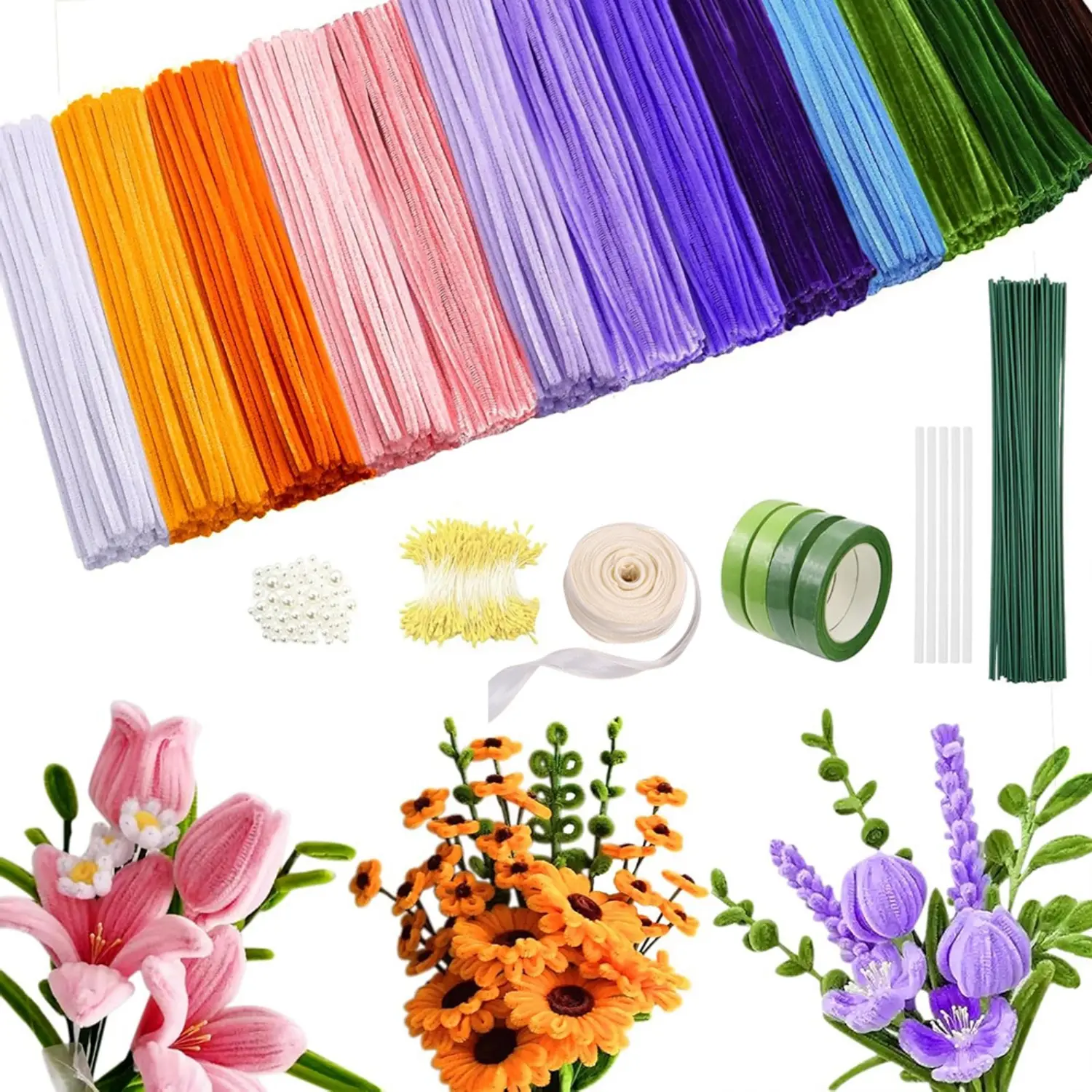 900 Pieces Pipe Cleaners Craft, Pipe Cleaner Bulk Flower Kit Chenille Stems Flower Making Kit with Floral Stems, Tape, Decor Pearls & Rubber Sticker for Art DIY Flowers